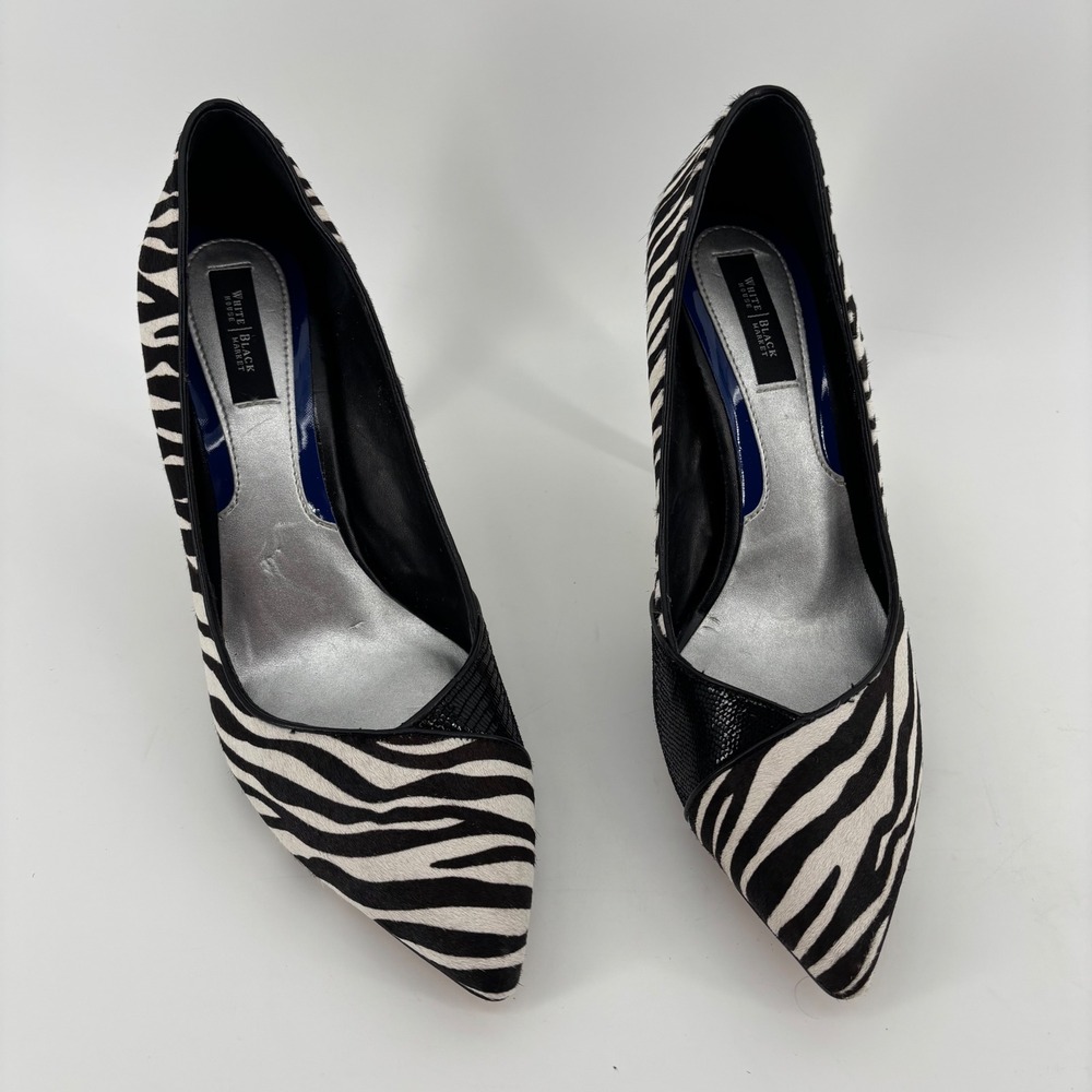 White House Black Market Women Pumps 9M Zebra Print Calf Hair Pointed Toe